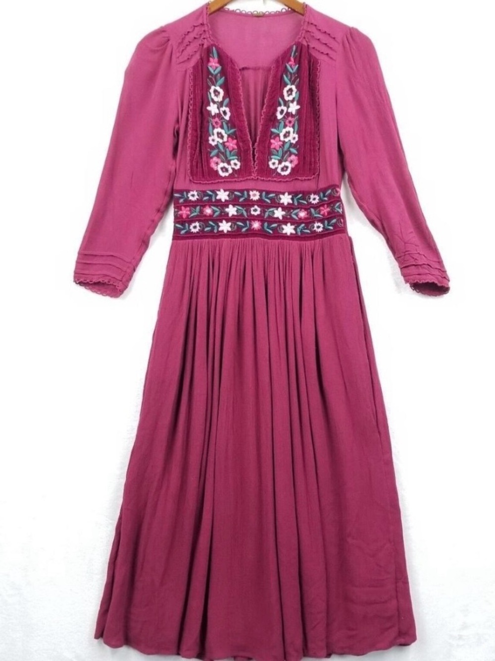 Free People Boho Floral Embroidered Fuchsia Magenta Long Midi Maxi Dress Sz S
